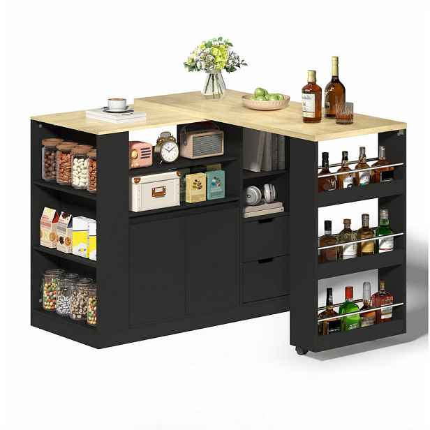 Modenvie KUCHYŇSKÝ ostrůvek z MDF, 115/50/92 cm černý v dekoru přírodního dřeva, s otočnou výsuvnou deskou