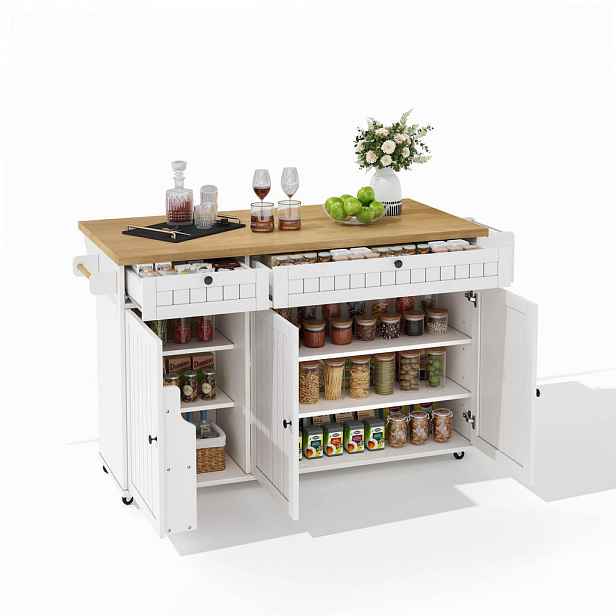 SHOPENTRA KUCHYŇSKÝ ostrůvek bílý 137x89,5x45 cm se skládací deskou a kolečky
