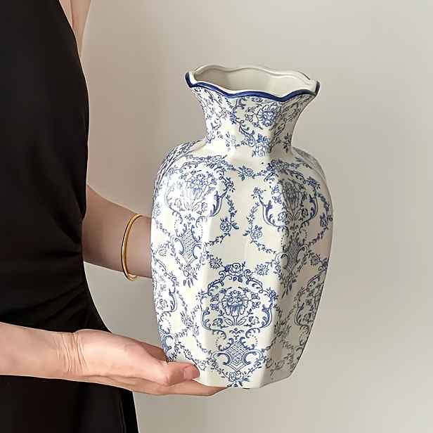 TEMU 1ks Vintage modrobílá keramická váza, Chinoiserie květinová váza s vroubkovaným okrajem, stolní středový dekor do obývacího pokoje, na poličku a