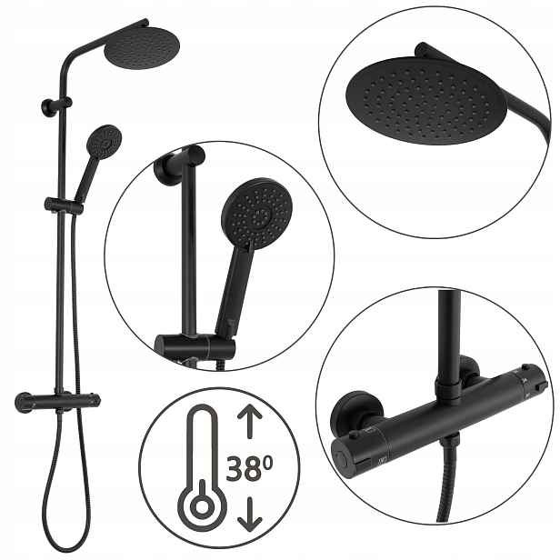 Sprchový Set s termostatem Černá Nástěnná Rea Bliss Dešťová sprcha 20 cm