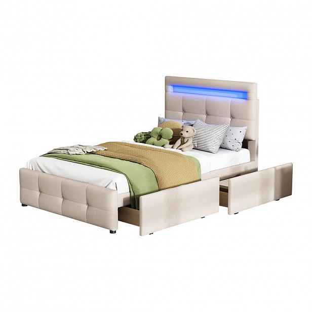 OKWISH ČALOUNĚNÁ postel 90/200 cm béžová s LED osvětlením a 2 zásuvkami
