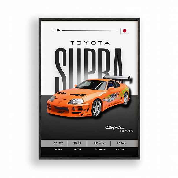 Obraz Toyota Supra Fast and Furious Plakát Rámeček Dřevěný Černý 30x42 cm