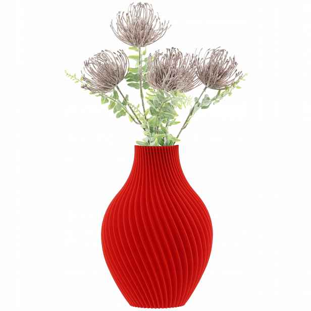 Váza flakon na umělé květiny 3D červená, vysoká 20 cm, dekorativní materiál