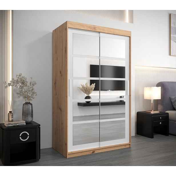 Šatní skříň se zrcadly ANABEL - šířka 120 cm, dub artisan / bílá