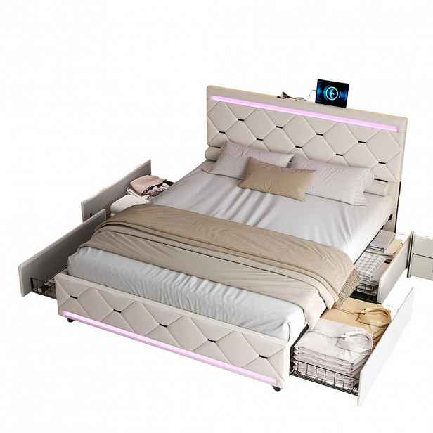 SHOPENTRA ČALOUNĚNÁ postel 160x200 cm béžová sametová LED USB 4 zásuvky
