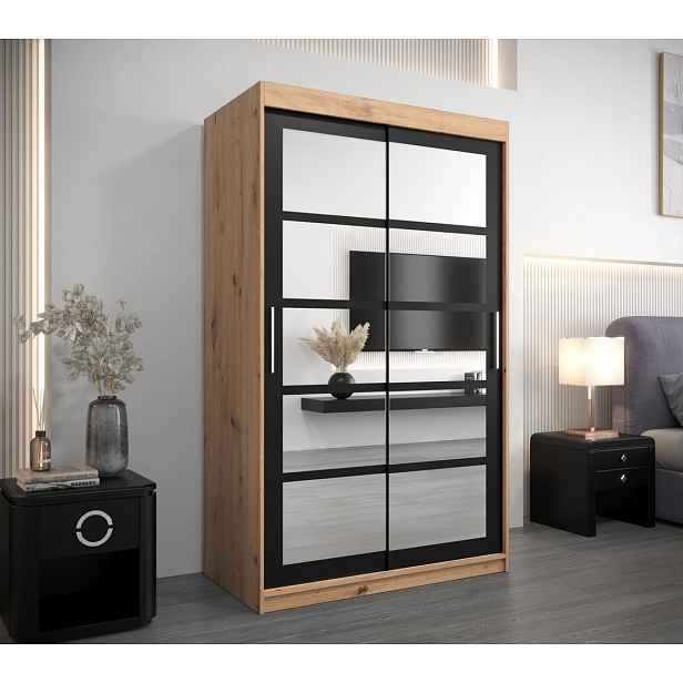 Šatní skříň se zrcadly ANABEL - šířka 120 cm, dub artisan / černá