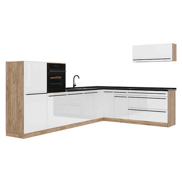 Vicco ROHOVÁ KUCHYŇ R-Line, Bílá vysoký lesk/Zlatý mocný dub, 327 x cm pracovná doska antracitová
