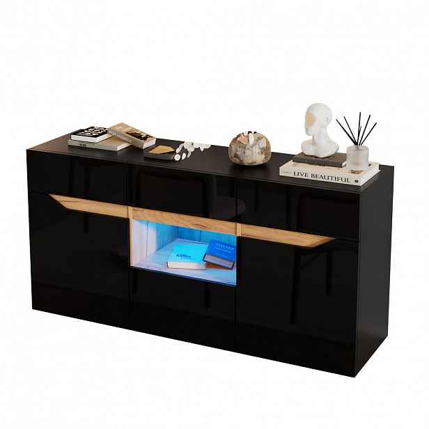 STILVORA KUCHYŇSKÁ SKŘÍŇ v černé a přírodní barvě s LED osvětlením a zásuvkami do obýváku, 140×40×70 cm