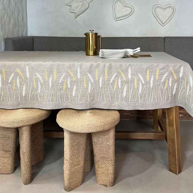 Lněný ubrus 100% Ubrus s výšivkou klasů Lidový ubrus 175 x 140 cm
