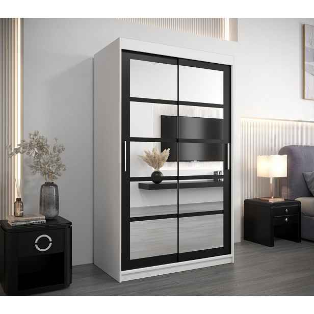 Šatní skříň se zrcadly ANABEL - šířka 120 cm, bílá / černá