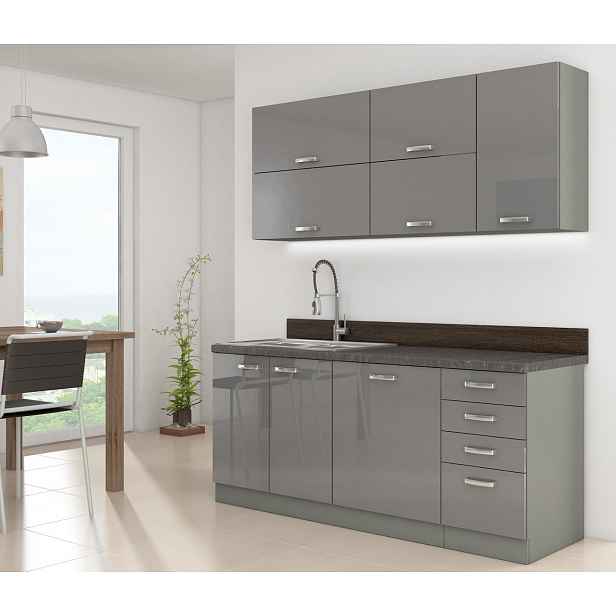 Kuchyně do paneláku 180/180 cm RONG 3 - šedá / lesklá šedá + LED, dřez a pracovní deska ZDARMA
