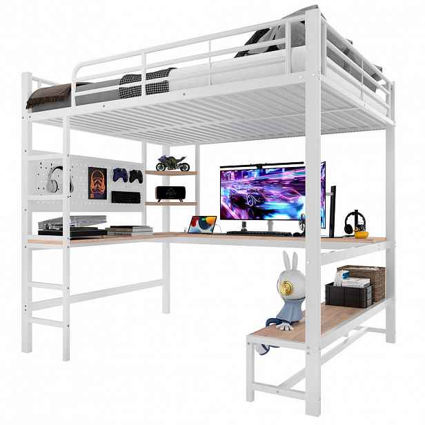 OKWISH PATROVÁ postel 140/200 cm bílá s psacím stolem a LED osvětlením z kovu