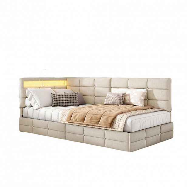 SHOPENTRA ČALOUNĚNÁ postel 140/200 cm béžová, lněná, L-tvar, LED, USB zásuvky