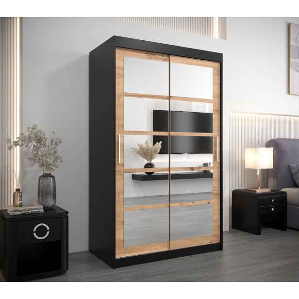 Šatní skříň se zrcadly ANABEL - šířka 120 cm, černá / dub artisan