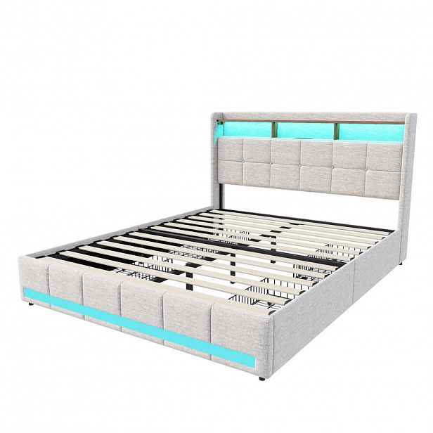 SHOPENTRA ČALOUNĚNÁ postel 140x200 cm béžová lněná LED USB 4 zásuvky