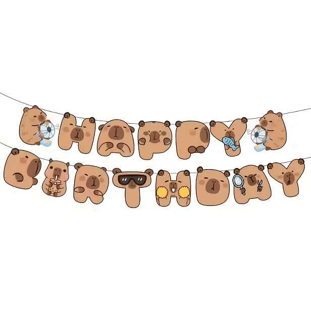 TEMU Roztomilý banner s kapybarou k narozeninám - kreslená party dekorace, hravý zvířecí design, papírová vlajka, ideální pro oslavy narozenin,