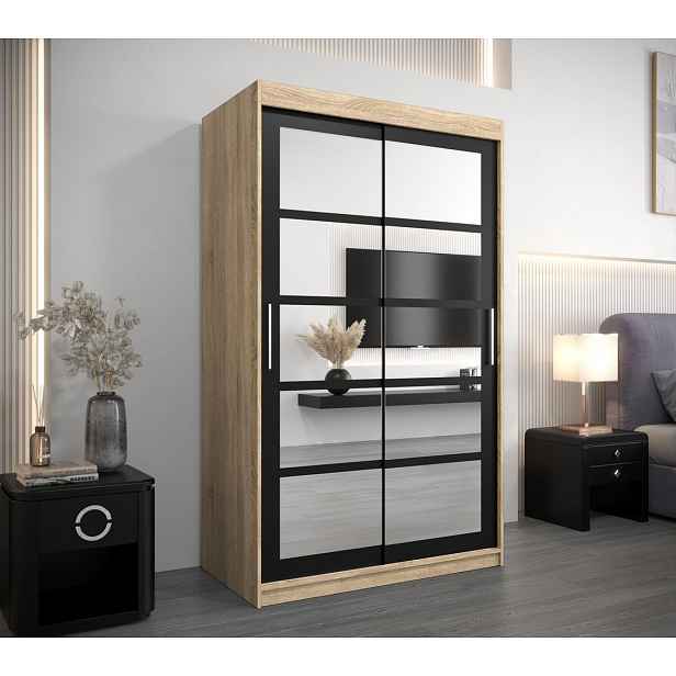 Šatní skříň se zrcadly ANABEL - šířka 120 cm, dub sonoma / černá