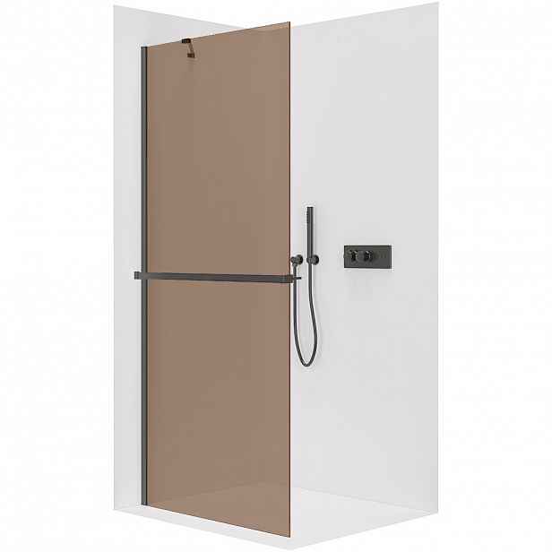 Sprchová zástěna Walk-in Onyx Y L/P - 8 mm + polička/držák na ručníky - černá matná, bronzové sklo - 50x200 cm