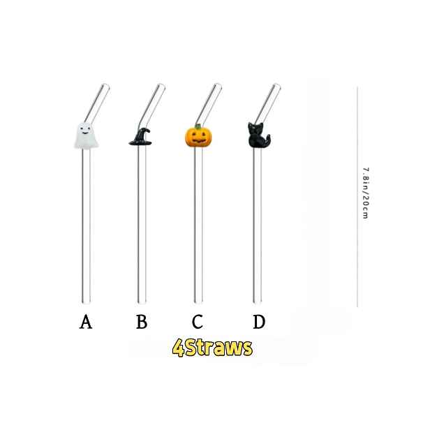 TEMU 4 ks Halloweenských skleněných brček Limitovaná edice s děsivými přívěsky ducha a dýně, Top trendy dekorace na stůl, ladící se s bubble tea pro