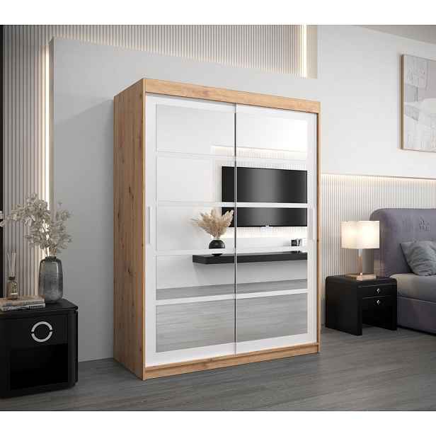 Šatní skříň se zrcadly KARLA - šířka 150 cm, dub artisan / bílá