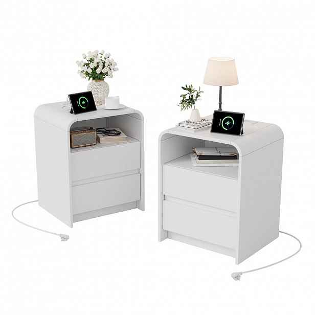 SHOPENTRA NOČNÍ stolky, sada 2 kusů, bílé s RGB LED diodami, zásuvkami EU a nabíjecí stanicí