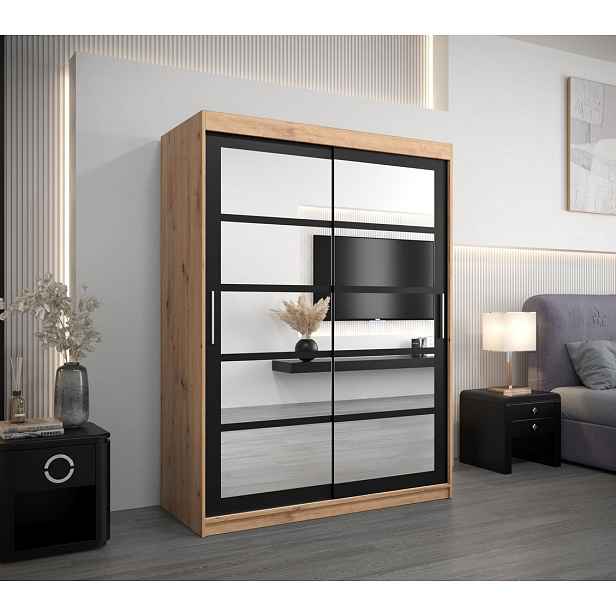 Šatní skříň se zrcadly KARLA - šířka 150 cm, dub artisan / černá