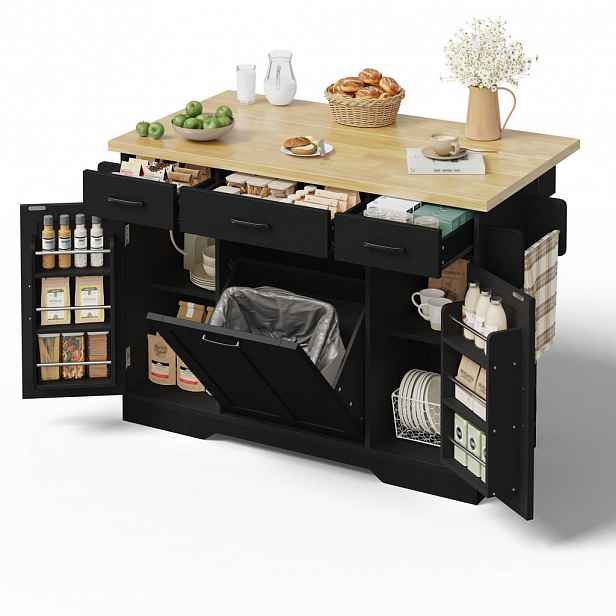 STILVORA SERVÍROVACÍ VOZÍK v černé barvě, kuchyňský ostrůvek se sklopnou pracovní deskou a kolečky, 120 × 45 (70) × 87 cm