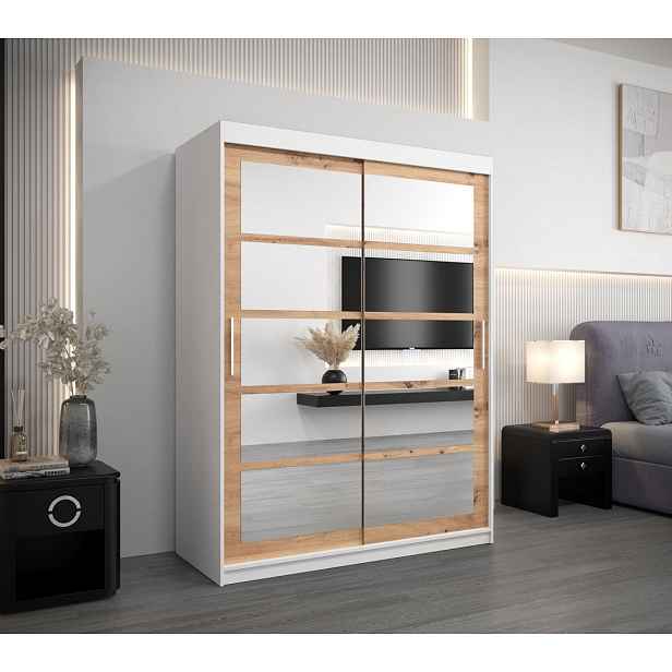 Šatní skříň se zrcadly KARLA - šířka 150 cm, bílá / dub artisan