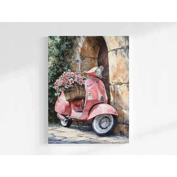 Obraz Na Plátně Canvas Růžový Skútr Vespa Květiny Zeď Vintage Retro 60x80