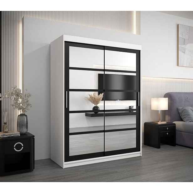 Šatní skříň se zrcadly KARLA - šířka 150 cm, bílá / černá