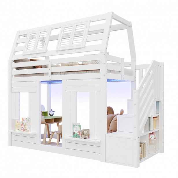 STILVORA ETAGENBETT 90/200 cm in Weiß mit Stauraumtreppe, LED und Fenster-Design