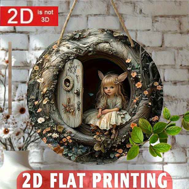 TEMU 2D plochý - [2D plochý] Vintage kulatá dřevěná cedule Vítejte v 2D s vílími dveřmi - ploché tisk, není potřeba elektřina, ideální pro domov,