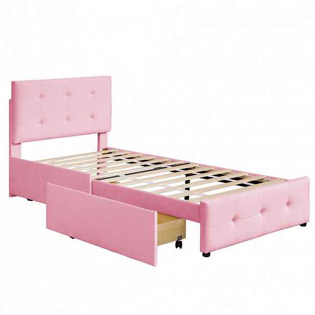 CHICFURN ČALOUNĚNÁ POSTEL 90/200 cm v růžové barvě se zásuvkou a lamelovým roštem