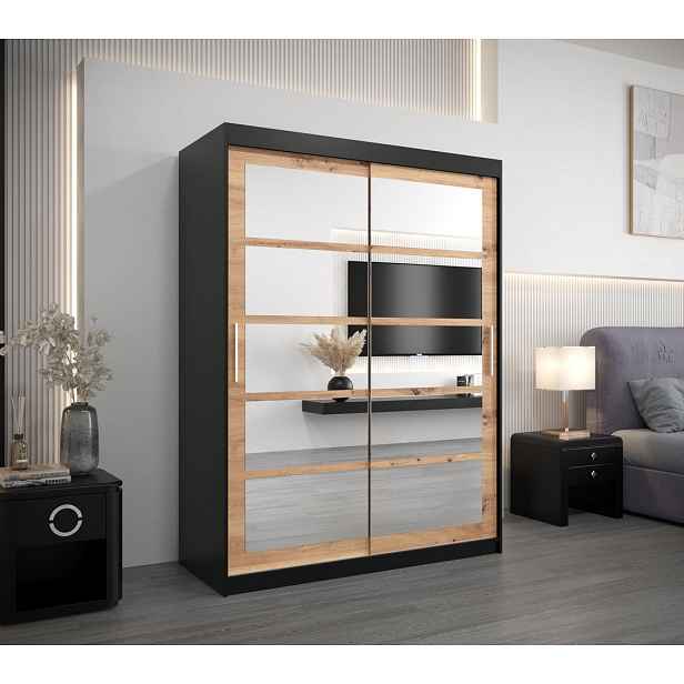 Šatní skříň se zrcadly KARLA - šířka 150 cm, černá / dub artisan