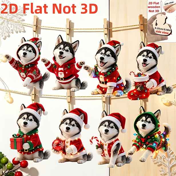 TEMU 2D Plochá, sada 8 ks roztomilých dřevěných vánočních závěsných ozdob s husky. Roztomilá štěňata husky jsou navržena v různých vánočních