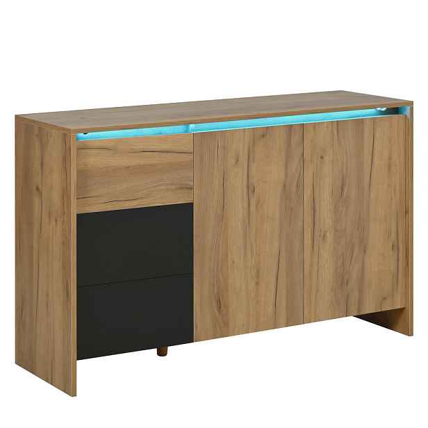 Urban Meuble SIDEBOARD dekor dřeva a černý se 3 zásuvkami, 2 dvířky a LED osvětlením
