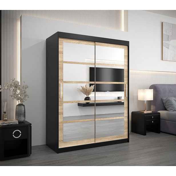Šatní skříň se zrcadly KARLA - šířka 150 cm, černá / dub sonoma