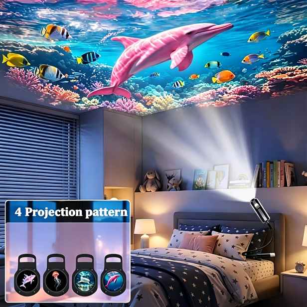 TEMU 1 přenosné USB noční světlo s projekcí mořského života - Obsahuje 4 vyměnitelné diapozitivy s oceánskými vzory: růžová velryba, medúza, růžový ,