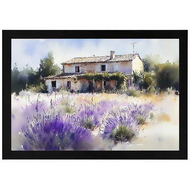 Plakát Rámeček Dřevo Krajina Vesnice Francie Dům Vila Zahrada Levandule 60x40