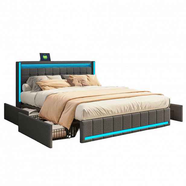 SHOPENTRA ČALOUNĚNÁ postel 140x190 cm tmavě šedá lněná LED USB 4 zásuvky
