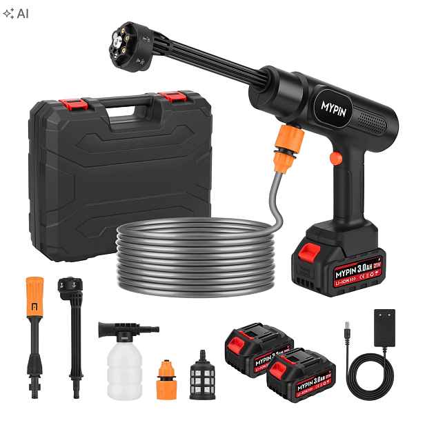 Bezdrátová tlaková myčka 600 Psi s 2 akumulátory, tryska 6 v 1 mypin