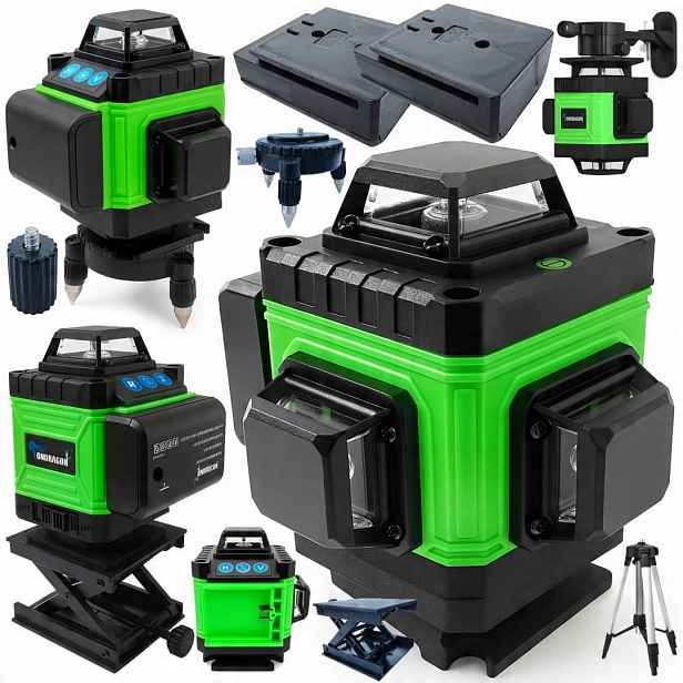 Křížový laser 4D 360° 16 linií zelený laserová vodováha, 2× baterie