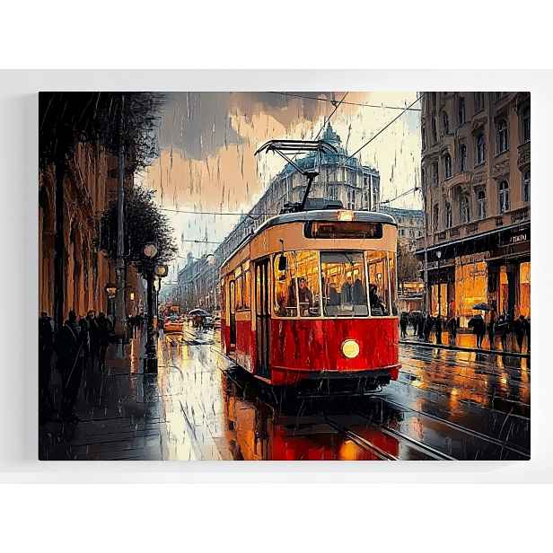 Plakát Město Ulice Déšť Tramvaj Doprava Cestování 100x75