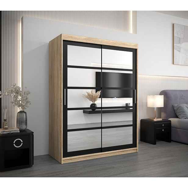 Šatní skříň se zrcadly KARLA - šířka 150 cm, dub sonoma / černá