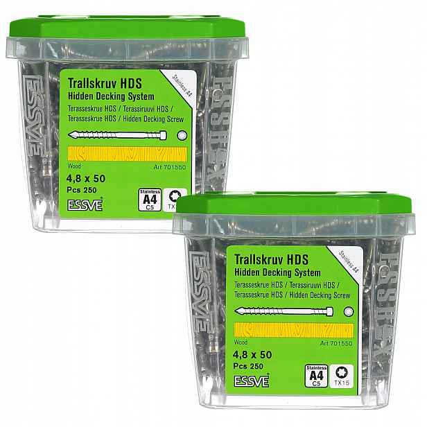 Essve Hds Pro Terasový šroub na dřevo Skrytá montáž A4 4,8x50mm 250 Ks x2