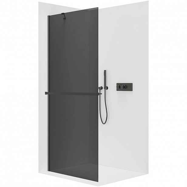 Sprchová zástěna Walk-in Onyx Y L/P - 8 mm + polička/držák na ručníky - černá matná, grafitové sklo - 50x200 cm