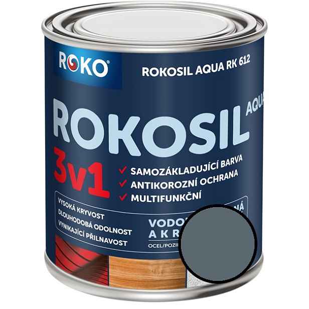 Barva samozákladující Rokosil Aqua 3v1 RK 612 1100 šedá střední, 0,6 l