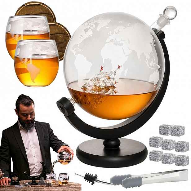 Karafa na whisky Dárek Sada 2 sklenice Skleněná Lahvička Globus Kostky