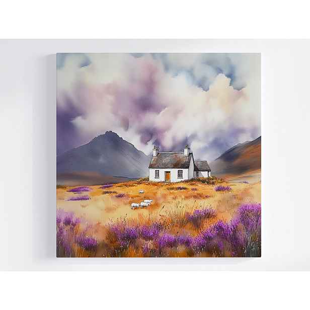 Obraz Na Plátně Canvas Krajina Skotsko Highland Hory Dům Vřesy Ovce 50x50