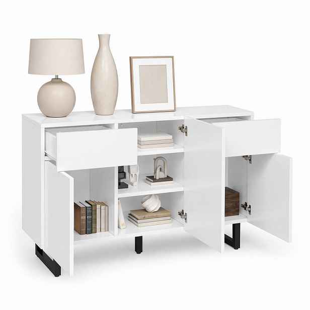 STILVORA KUCHYŇSKÁ SKŘÍŇ v bílé barvě, moderní komoda s velkým úložným prostorem, zásuvkami, dvířky a kovovými nohami, 120 × 40,5 × 75 cm